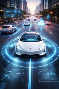 Auto autónomo con tecnología de conducción inteligente en entorno urbano.