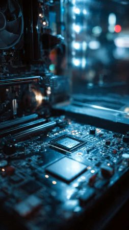 Placa base de computadora con componentes tecnológicos en un entorno oscuro y moderno.